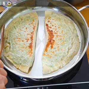 Chinese chive and egg pockets in a pan